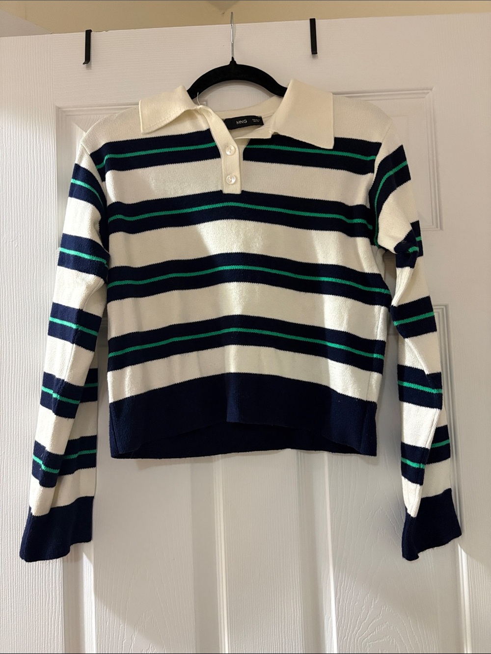 Mango Cream Polo V-Neck Sweater with Navy and Green Stripes